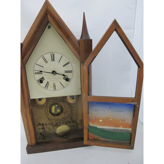 Glass Antique Smith & Goodrich 30 Hour Steeple Mantel Clock With Hand Painted Old State House For Sale - Image 7 of 14