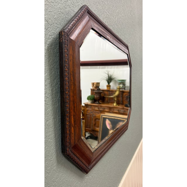 Antique English Jacobean Mirror Framed Beveled Octagonal Oak c.1930s For Sale - Image 13 of 18