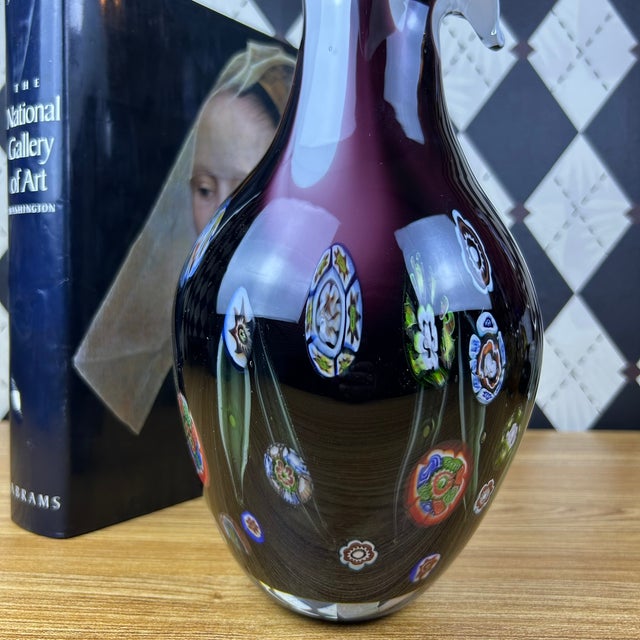 Large Amethyst Blown Art Glass Vase With Millefiori Floral Murrine, 13" For Sale - Image 10 of 11
