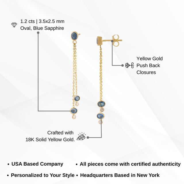 18k Gold Linear Drop Dangle Earrings With 1.2ct Blue Sapphire & Diamond- A Pair For Sale - Image 11 of 14