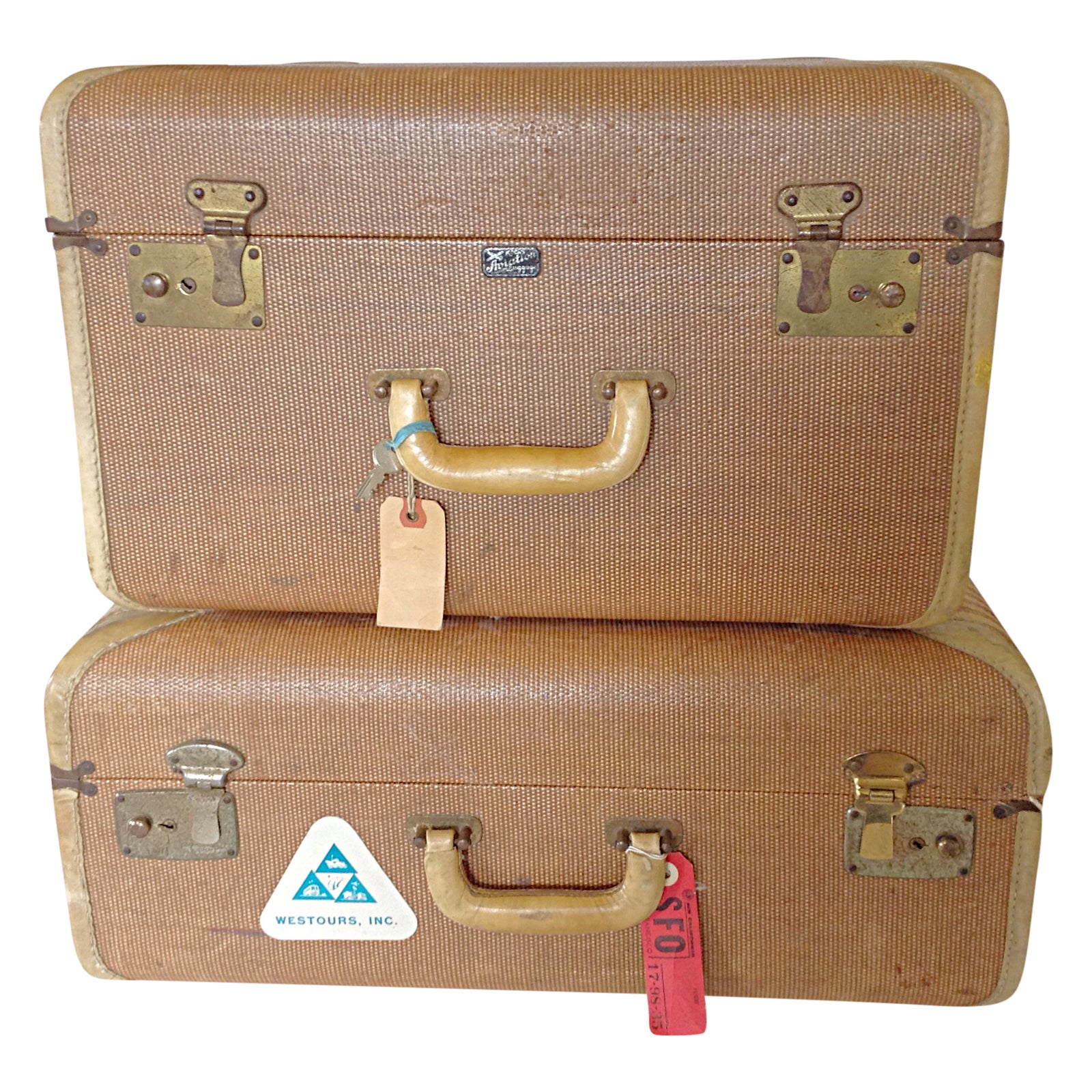 Woven Tan Fabric Matching Luggage Pair Chairish