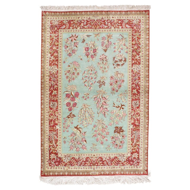 Late 20th Century Rare Finely Woven Persian Silk Qum, Handmade Oriental Rug, Sky Blue and Red For Sale - Image 11 of 17