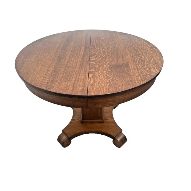Brown Round Pedestal Expanding Dining Table Antique Arts & Crafts Quarter-Sawn Oak For Sale - Image 8 of 15