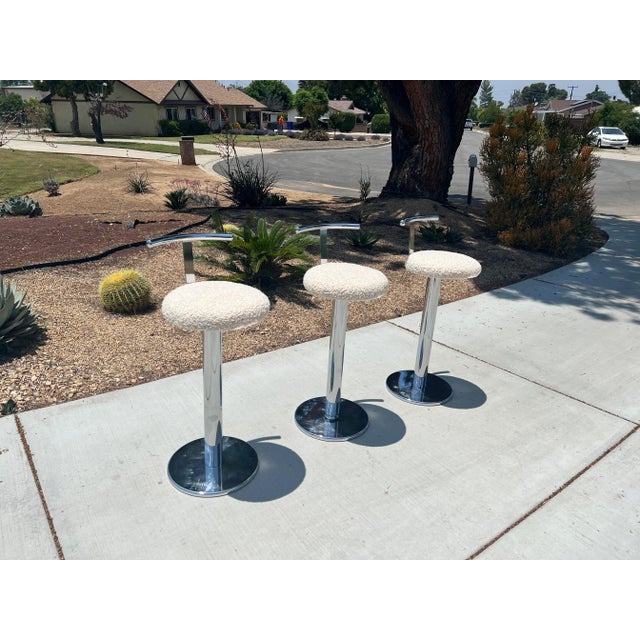 1980s Vintage Postmodern Japanese Chrome Swivel Counter or Barstools Boucle - Set of 3 For Sale - Image 13 of 13