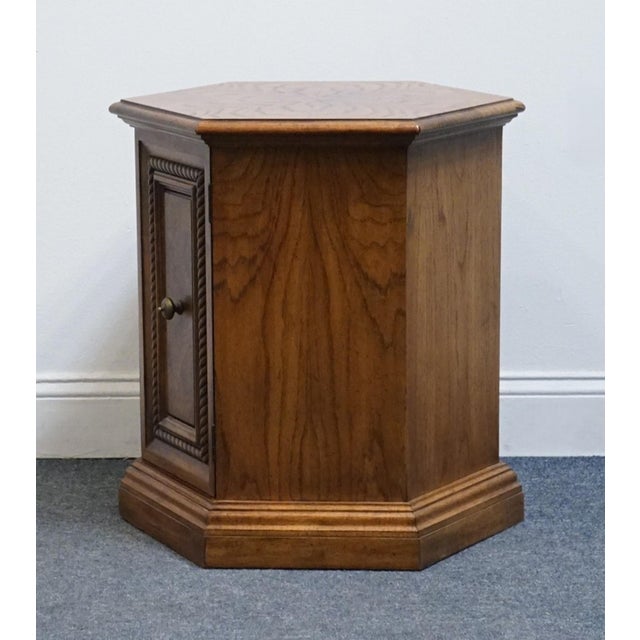 Hekman Furniture Bookmatched Walnut Italian Provincial 20" Hexagonal Storage Accent End Table 1205 For Sale - Image 9 of 11
