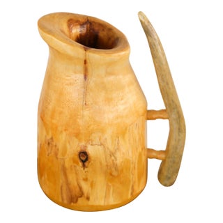 Rustic Handcarved Decorative Wooden Tankard With Antler Handle - Artisan Signed & Dated For Sale