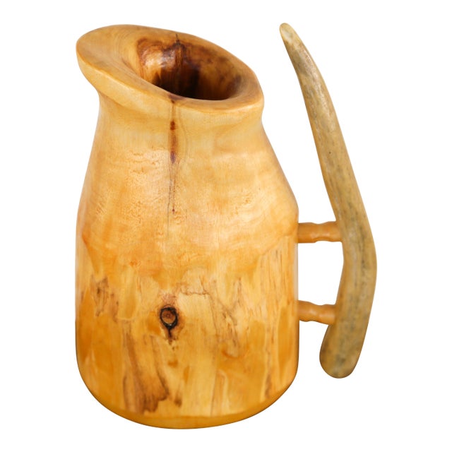 Rustic Handcarved Decorative Wooden Tankard With Antler Handle From Montana - Signed by Artisan 2005 For Sale