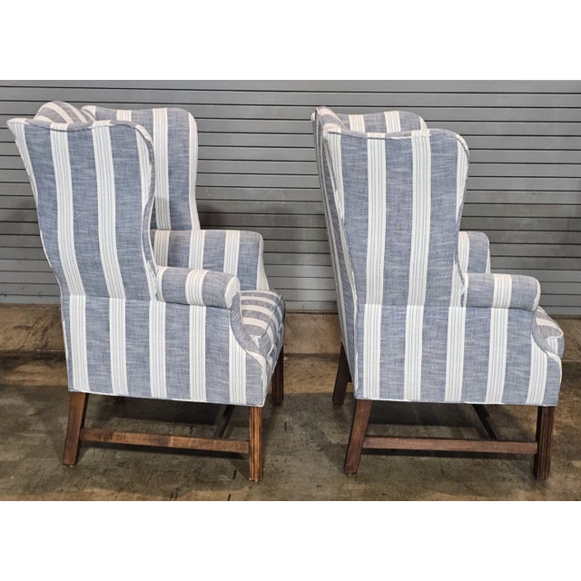 Late 20th Century Pair Mahogany Chippendale Style Wing Chairs W Matching Footstools Gray Fabric For Sale In Cleveland - Image 6 of 8