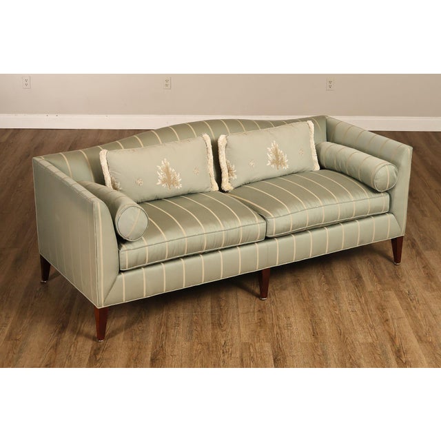 High Quality American Made Custom Upholstered Modern Camelback Sofa on Tapered Wooden Legs