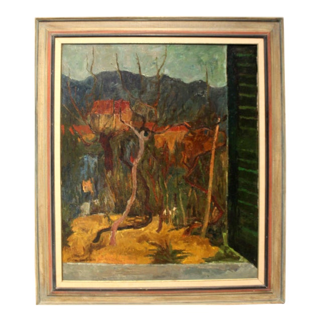Mid Century Post Expressionist Window Landscape by Italian Artist Enzo Roberti For Sale