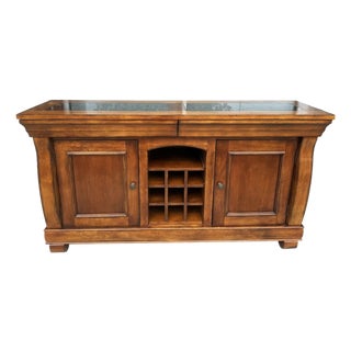 Traditional Wood Buffet With Stone-Inset Top and Wine Storage For Sale
