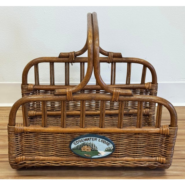 Sturdy vintage handled basket made of bentwood rattan and woven wicker. Features Edgewater Lodge plaque to one side....