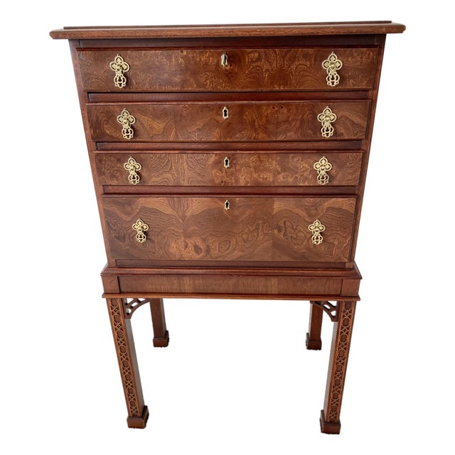 Hickory Chair Vintage James River Plantation Chippendale Style Burl Wood Mahogany Silverware Chest Mid 20th Century. For Sale