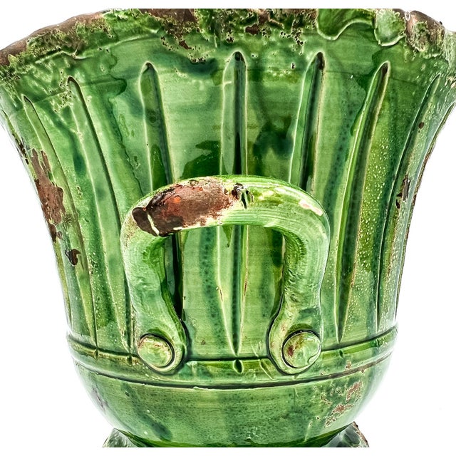 VIETRI Vintage Vietri Italian Verde Glazed Terracotta Planter With Handles – Mediterranean / Tuscan For Sale - Image 4 of 11