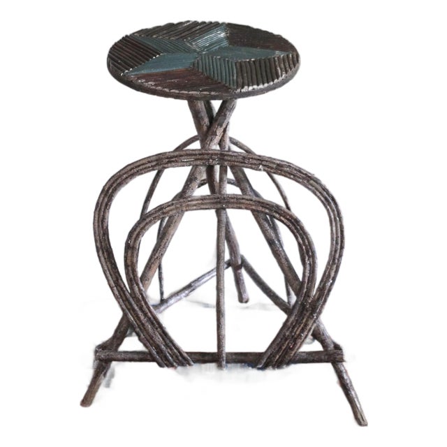 Antique Adirondack Twig Side Table With Star Motif and Green Paint For Sale
