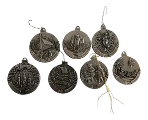 Vintage Season’s Greetings Pewter Christmas Tree Ornaments - Set of 7