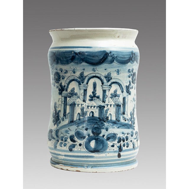 Antique Glazed Majolica Jar Depicting a Landscape with Ruins, Naples, 18th Century For Sale - Image 6 of 6