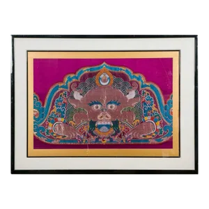 Framed Tibetan Woven Silk Kesi Panel of Kirtimukha