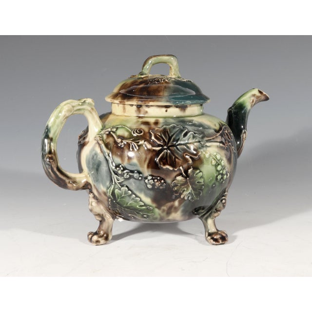 Mid 18th Century Whieldon-Type Creamware Tortoiseshell Teapot With Grape Vine Relief and Crabstock Handle, Staffordshire For Sale - Image 4 of 14