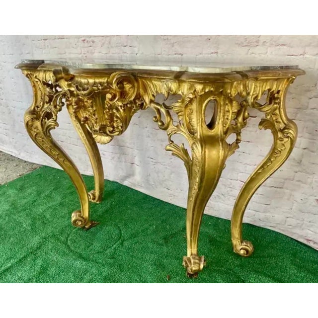 Gold French Louis XV Style Giltwood Console Table With Marble Top For Sale - Image 8 of 18