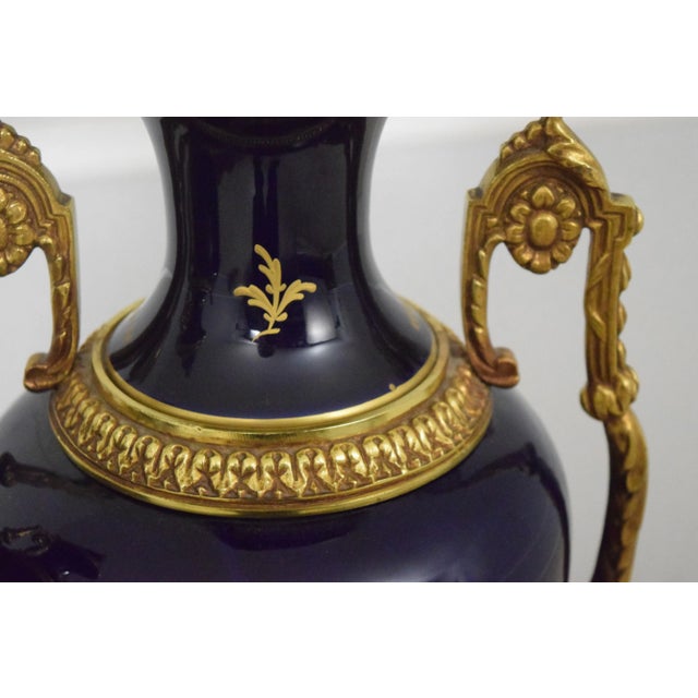 Pair Vintage Sevres Porcelain Bronze Mounted Urns For Sale - Image 10 of 12