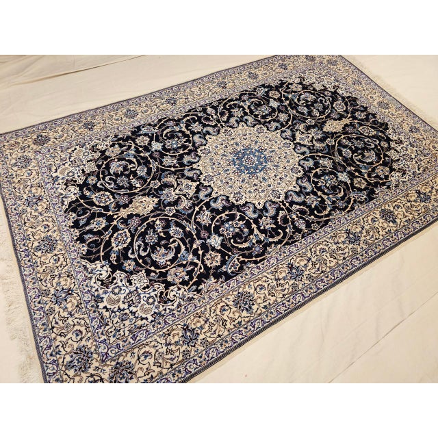 Vintage Fine Persian Nain Habibian Area Rug, Hand-Knotted Wool & Silk, Floral Pattern, 5x8, Navy & Ivory For Sale - Image 10 of 12