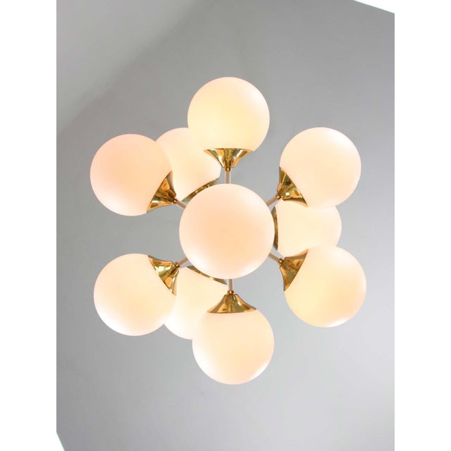 Metal Vintage Italian Brass and Opaline 10-Arm Chandelier, 1970s For Sale - Image 7 of 18
