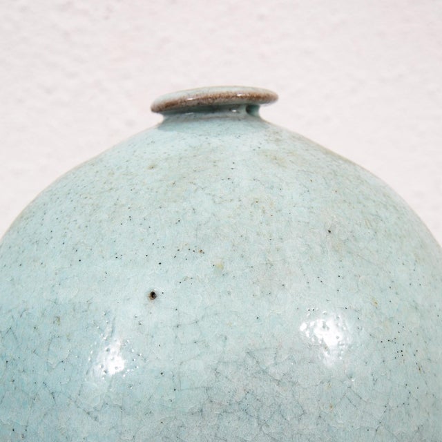 Mid Century Modern Round Vase Pot Teal Glaze Studio Ceramic Blue Weed Vintage For Sale In Sacramento - Image 6 of 12