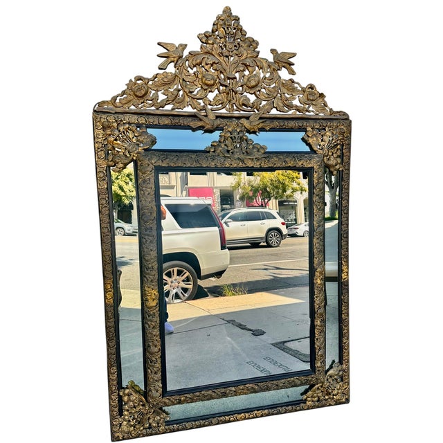 Early 20th Century Huge Antique French Repose Brass Mounted Mirror W Birds For Sale - Image 5 of 5