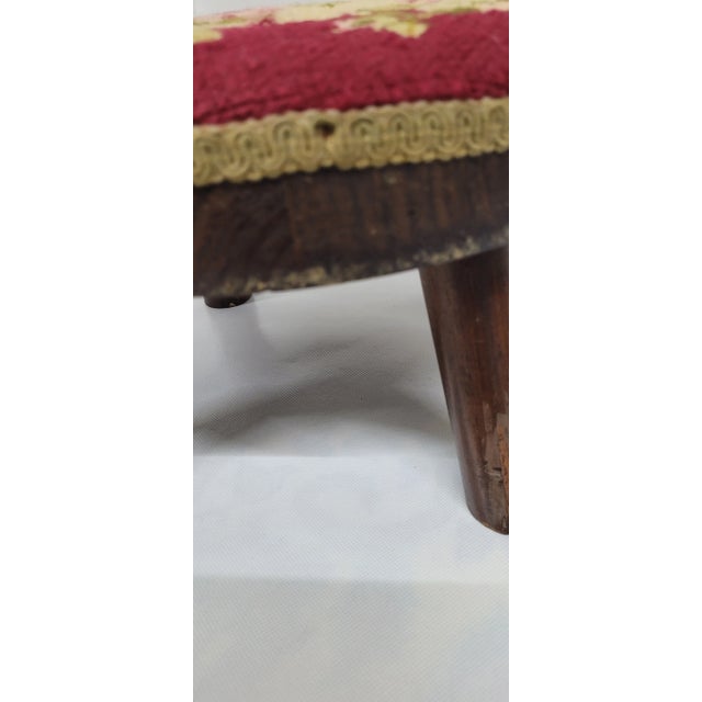 Wood Vintage Needlepoint Footstool, Round Wood, Rustic Farmhouse Folk Art For Sale - Image 7 of 8