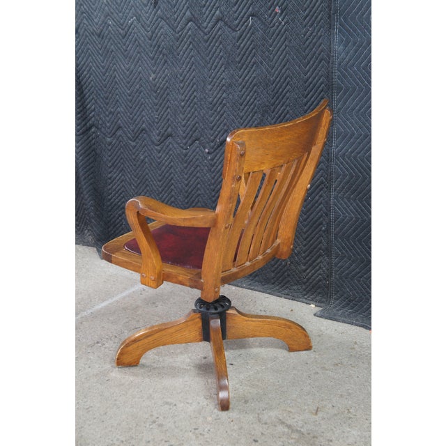 Antique Edwardian Quartersawn Oak Bankers Lawyers Desk Chair Leather Seat Swivel For Sale - Image 9 of 15