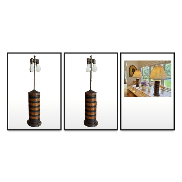 Turned Wood Barrel Form Table Lamps With Shades, Set of 2 For Sale - Image 14 of 18