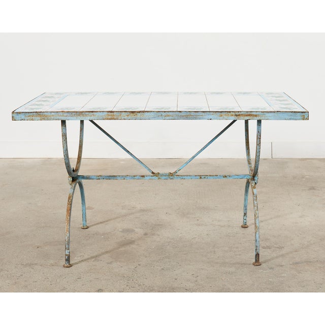 French Iron Tile Top Curule Garden Dining Table For Sale - Image 11 of 12