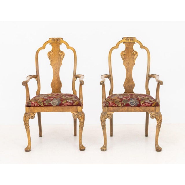 Set of Six William and Mary Style Walnut Dining Chairs, two armchairs and four side chairs with needlepoint upholstered...