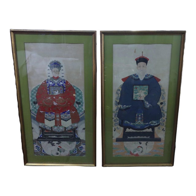 Pair of Large Antique Chinese 19th Century Painted Ancestor Portraits For Sale