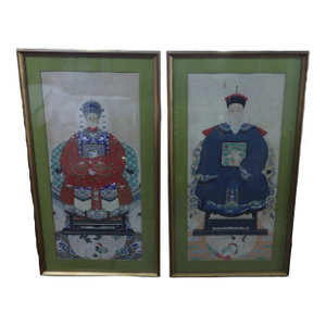 Pair of Large Antique Chinese 19th Century Painted Ancestor Portraits