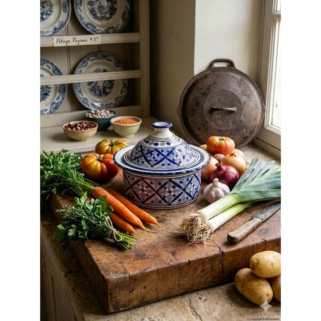 Fait Main - Vintage, French Pottery, Lidded Serving Dish or Soup Tureen Authentic piece, bottom is stamped. Color: Blue &...