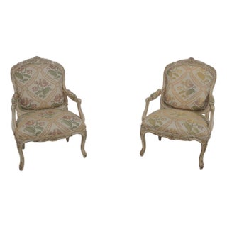 Pair of Crackle Paint Louis XV Fauteuils Armchairs For Sale