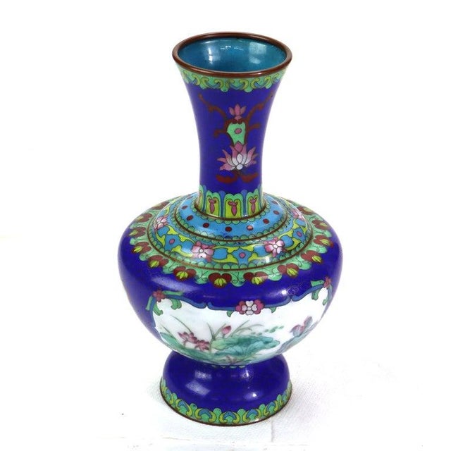 Antique Cloisonne Vase With Landscape Scene & Floral Elements C1920 For Sale - Image 6 of 8