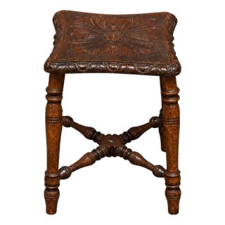 19th Century English Carved Oak Stool For Sale