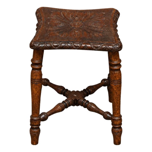 19th Century English Carved Oak Stool For Sale