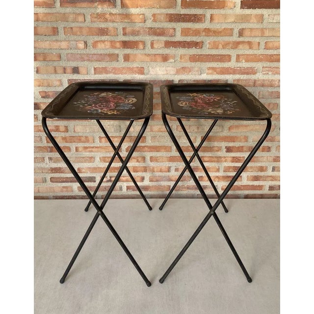 Mid-Century Modern Mid-Century Black Metal Serving Trays on Folding Stand from CrestLine, 1960s, Set of 2 For Sale - Image 3 of 15