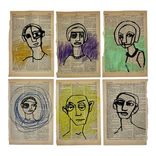 Contemporary Pen and Ink Portrait Drawings on Vintage Paper - Set of 6 For Sale
