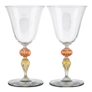 Vintage Murano Glass Large Wine Glasses, Peach and Gold-Leaf Ribbed Stems, Set of Ten For Sale