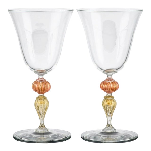 Vintage Murano Glass Large Wine Glasses, Peach and Gold-Leaf Ribbed Stems, Set of Ten For Sale