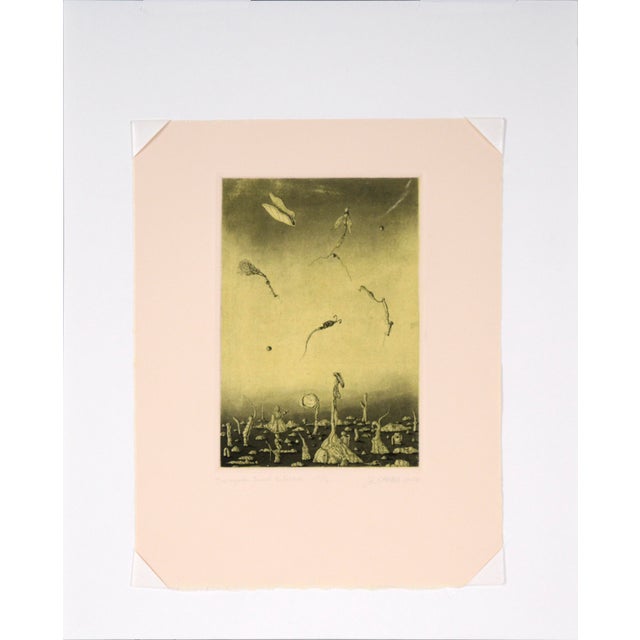"Triangular Sunset Situation" - Surrealist Colored Etching #15/16, 1978 Surrealist landscape with creatures by James C....