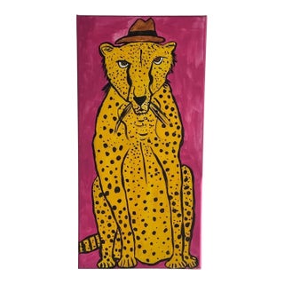 Pink Jaguar Original Acrylic Folk Art Painting For Sale