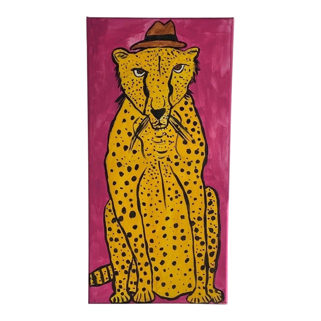 Pink Jaguar Original Acrylic Folk Art Painting For Sale