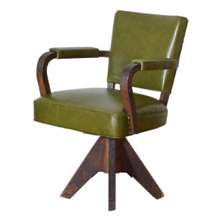 Mid 20th Century French Deco Leather Upholstered Swivel Desk Chair For Sale