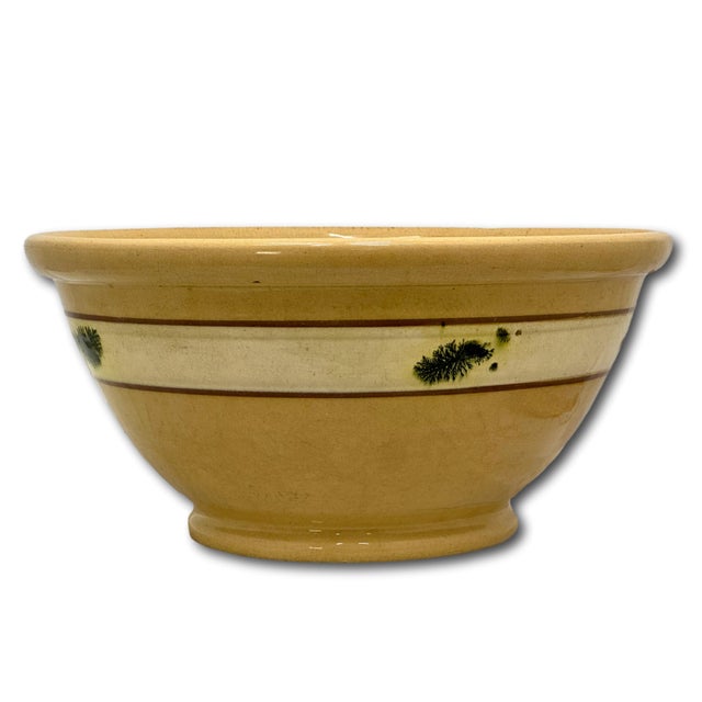 Large Size Antique Green Seaweed Decorated & Banded Yellow Ware Kitchen Mixing Bowl Circa Late 19th Century For Sale - Image 10 of 18